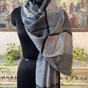 Grey & Black Wool Silk Box Design Pashmina Shawl for Women