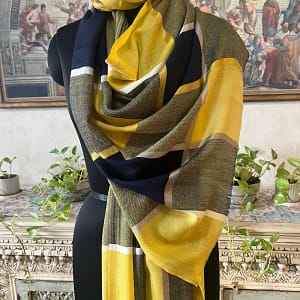 Yellow & Navy Wool Silk Box Design Pashmina Shawl for Women