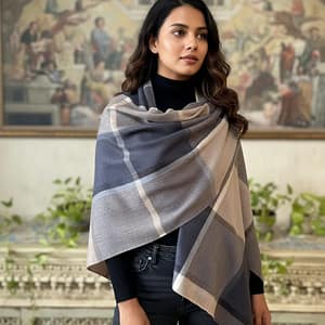 Beige & Charcoal Wool Natural Silk Box Design Pashmina Shawl for Women